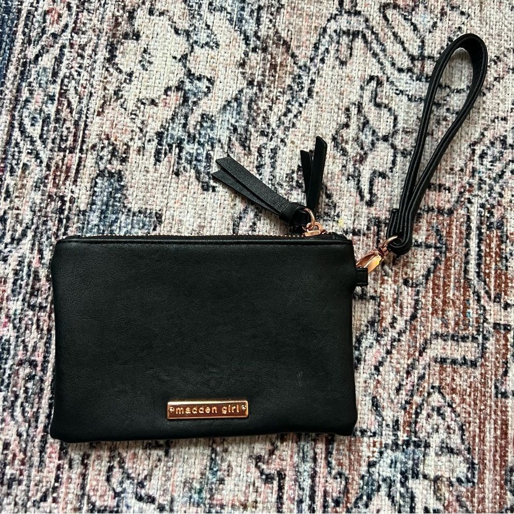 Madden Girl Black and Rose Gold Wristlet Vegan Faux Leather